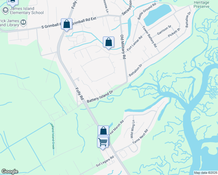map of restaurants, bars, coffee shops, grocery stores, and more near 1538 Battery Island Drive in Charleston