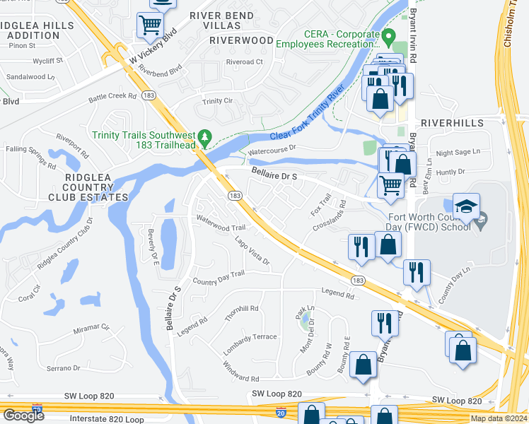 map of restaurants, bars, coffee shops, grocery stores, and more near 5651 Riverwalk Drive in Benbrook