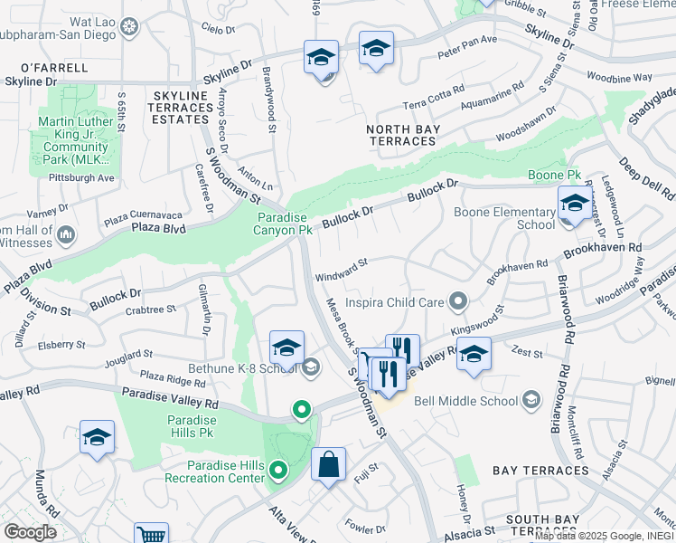map of restaurants, bars, coffee shops, grocery stores, and more near 6764 Windward Street in San Diego