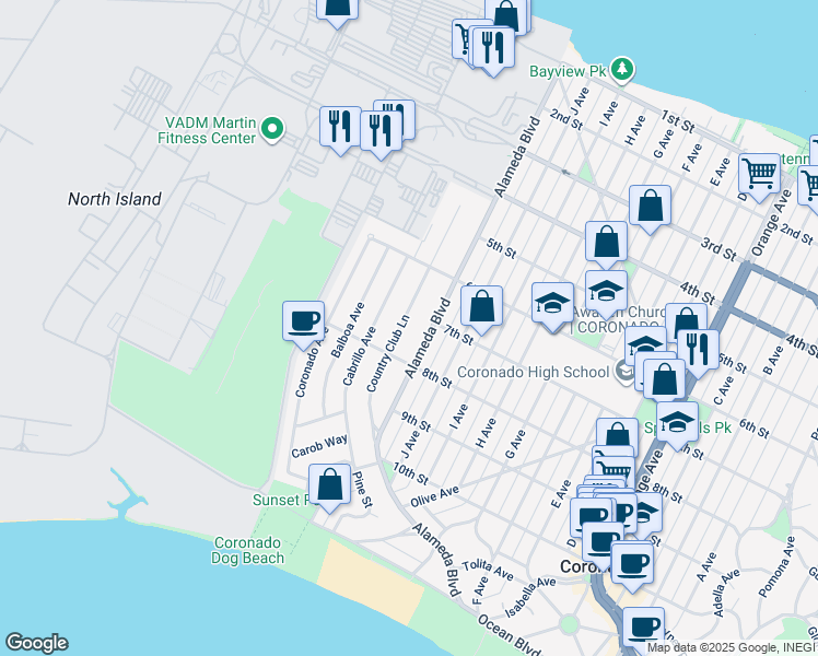 map of restaurants, bars, coffee shops, grocery stores, and more near 721 Country Club Lane in Coronado