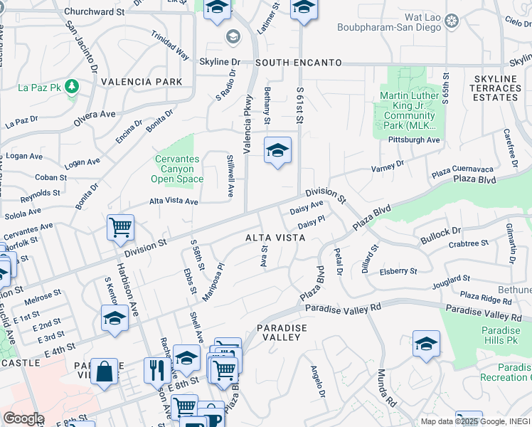 map of restaurants, bars, coffee shops, grocery stores, and more near 5909 Division Street in San Diego