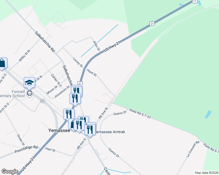 map of restaurants, bars, coffee shops, grocery stores, and more near 20 Hunt Street in Yemassee