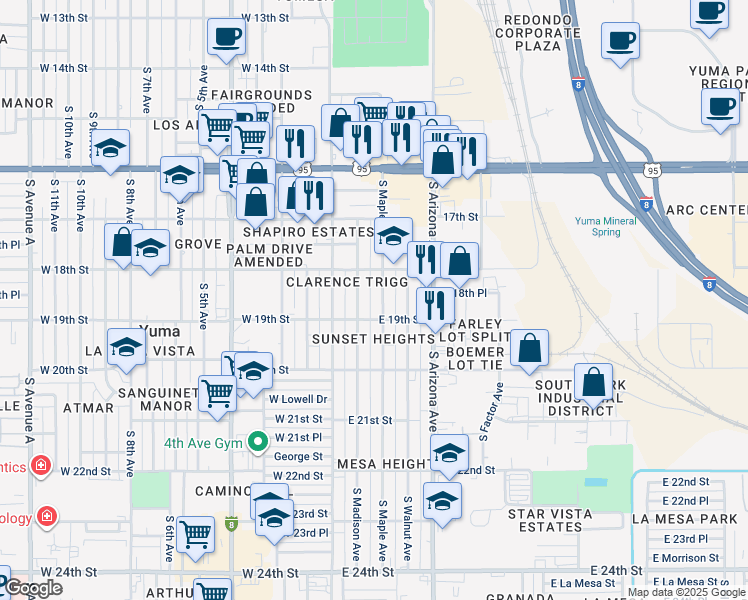 map of restaurants, bars, coffee shops, grocery stores, and more near 1843 South Maple Avenue in Yuma
