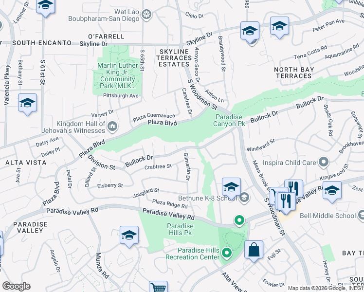 map of restaurants, bars, coffee shops, grocery stores, and more near 6720 Bullock Drive in San Diego