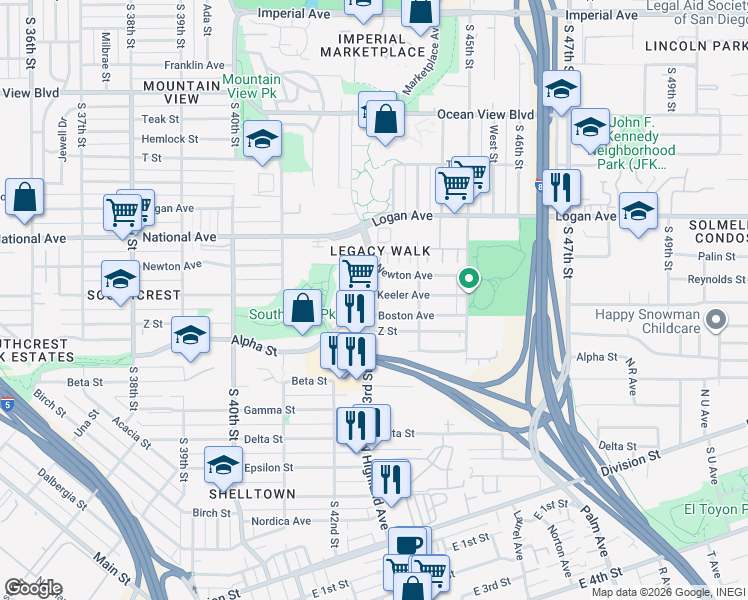 map of restaurants, bars, coffee shops, grocery stores, and more near 1151 South 43rd Street in San Diego