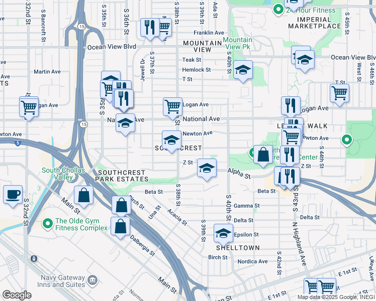 map of restaurants, bars, coffee shops, grocery stores, and more near 3876 Boston Avenue in San Diego