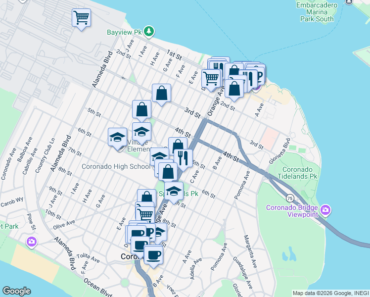 map of restaurants, bars, coffee shops, grocery stores, and more near 450 Orange Avenue in Coronado