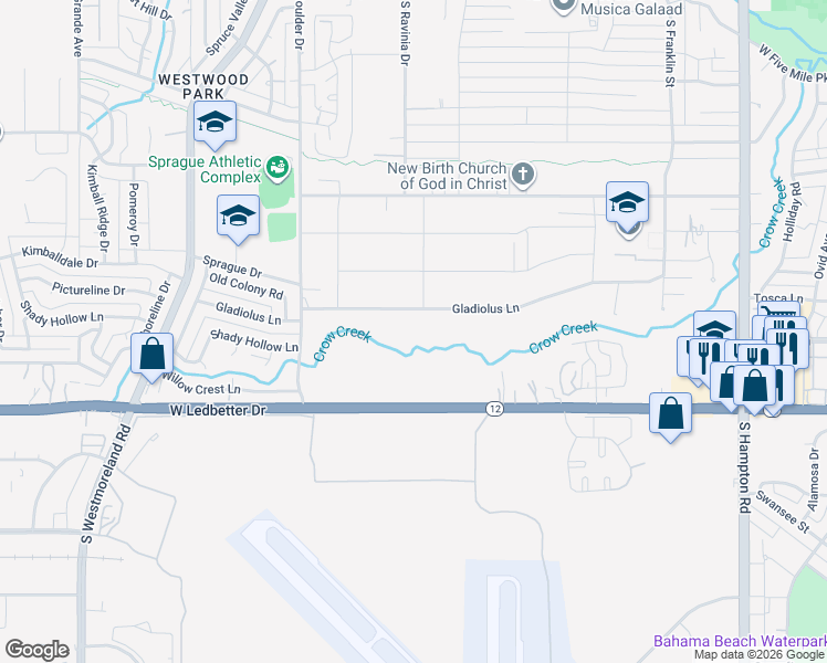 map of restaurants, bars, coffee shops, grocery stores, and more near 3014 Gladiolus Lane in Dallas