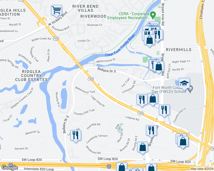 map of restaurants, bars, coffee shops, grocery stores, and more near 5651 Riverwalk Drive in Benbrook