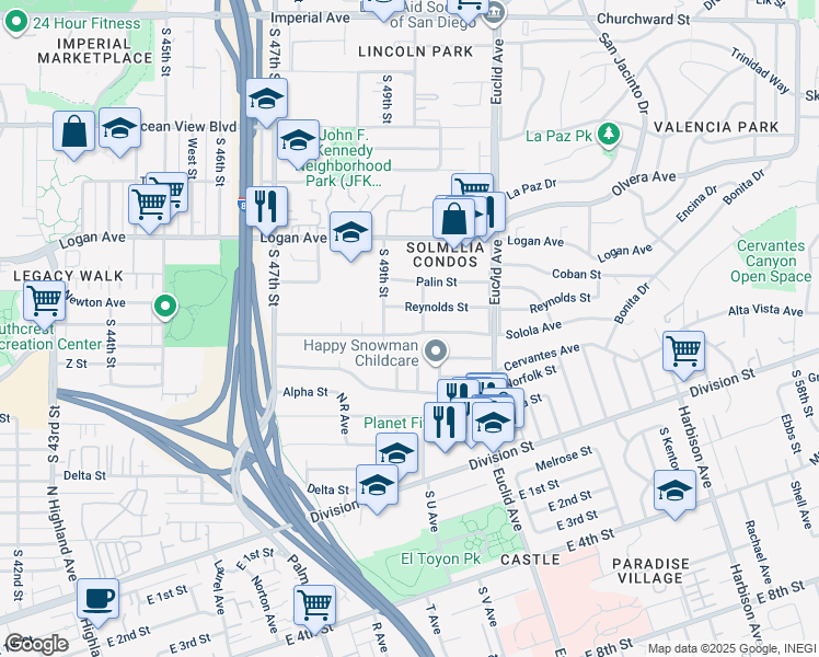 map of restaurants, bars, coffee shops, grocery stores, and more near 4940 Solola Avenue in San Diego
