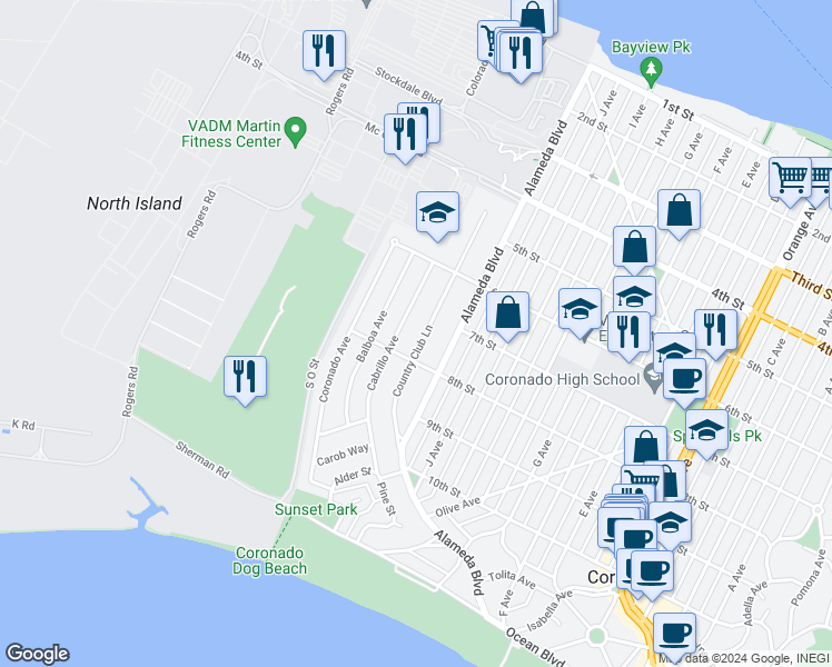 map of restaurants, bars, coffee shops, grocery stores, and more near 730 Country Club Lane in Coronado