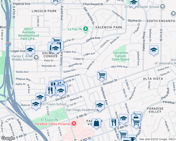 map of restaurants, bars, coffee shops, grocery stores, and more near 5333 Solola Avenue in San Diego