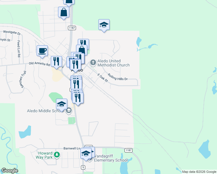map of restaurants, bars, coffee shops, grocery stores, and more near 504 Hilldale Road in Aledo