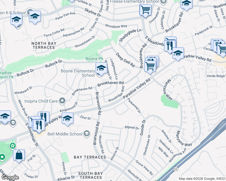 map of restaurants, bars, coffee shops, grocery stores, and more near 7462 Gatewood Lane in San Diego