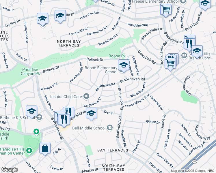 map of restaurants, bars, coffee shops, grocery stores, and more near 7235 Brookhaven Road in San Diego