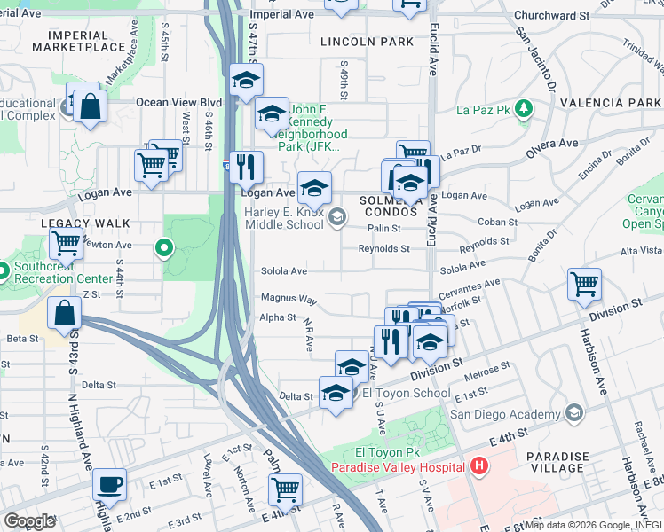 map of restaurants, bars, coffee shops, grocery stores, and more near 4860 Solola Avenue in San Diego