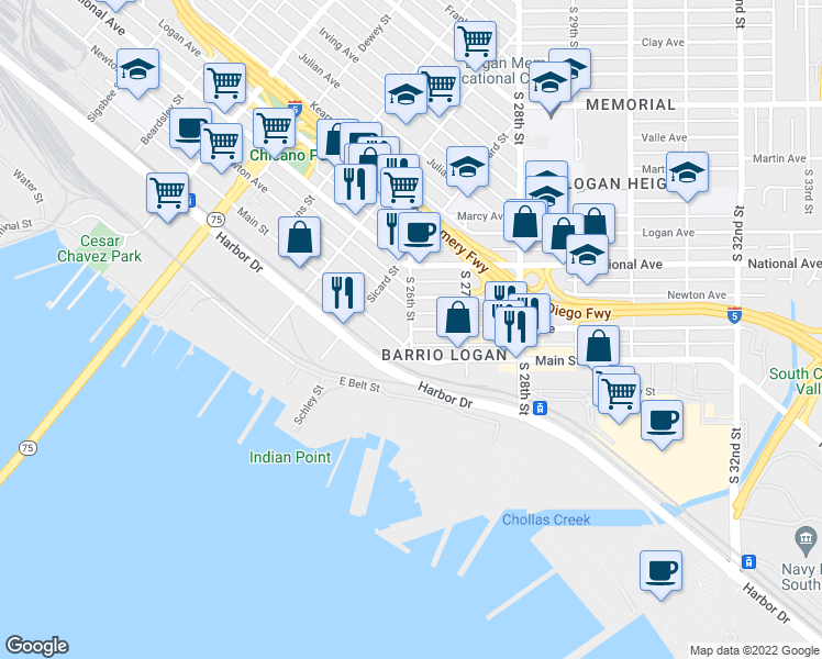 map of restaurants, bars, coffee shops, grocery stores, and more near Boston Avenue & South 26th Street in San Diego