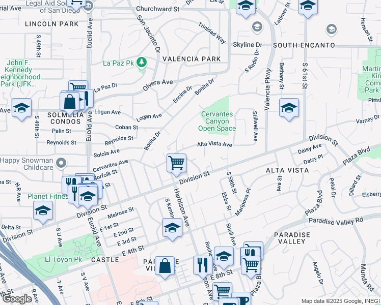 map of restaurants, bars, coffee shops, grocery stores, and more near 5609 Alta Vista Avenue in San Diego