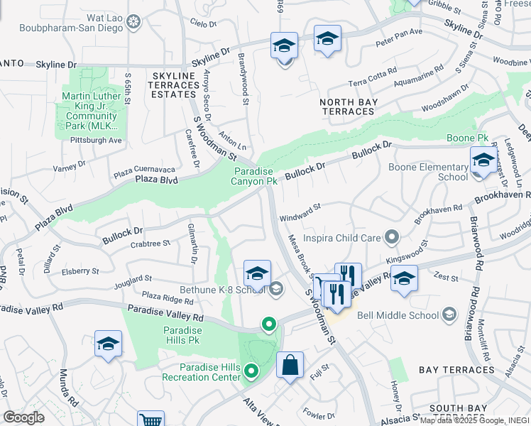 map of restaurants, bars, coffee shops, grocery stores, and more near 1561 Parkland Way in San Diego