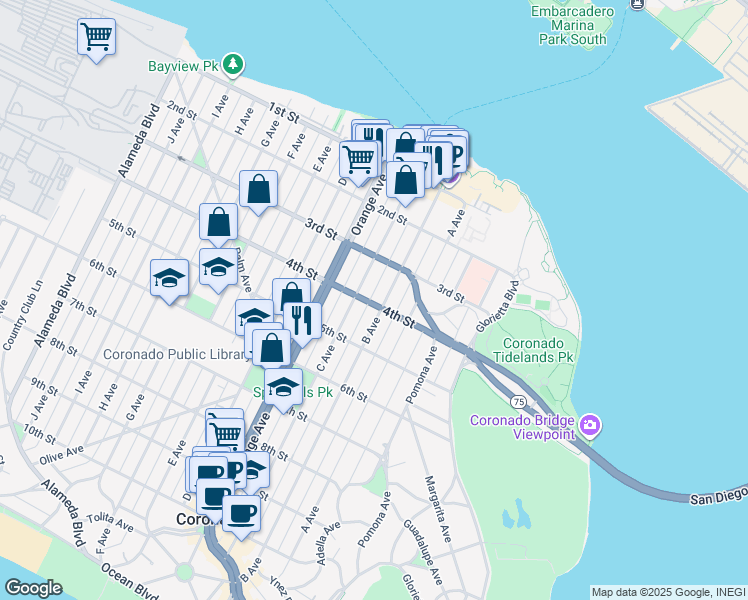 map of restaurants, bars, coffee shops, grocery stores, and more near 1221 4th Street in Coronado