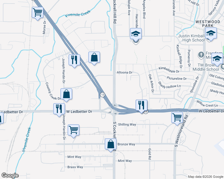 map of restaurants, bars, coffee shops, grocery stores, and more near 4101 South Cockrell Hill Road in Dallas