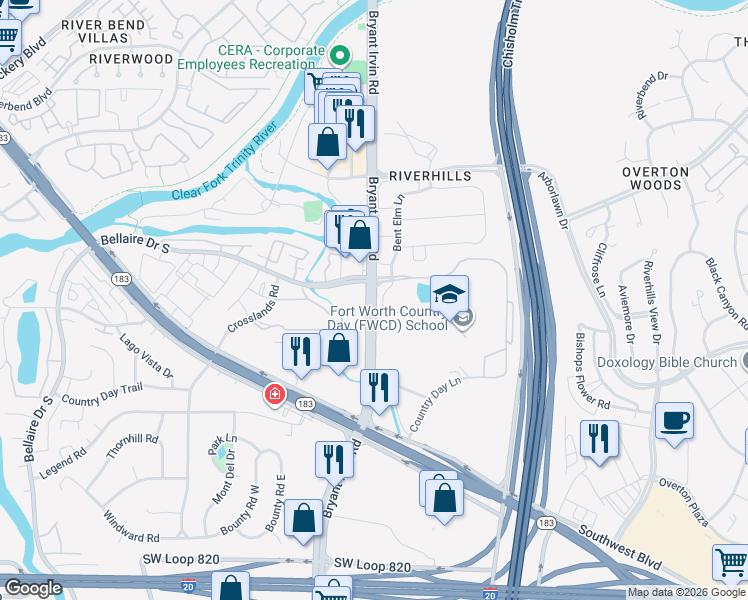 map of restaurants, bars, coffee shops, grocery stores, and more near 4209 Bryant Irvin Road in Fort Worth