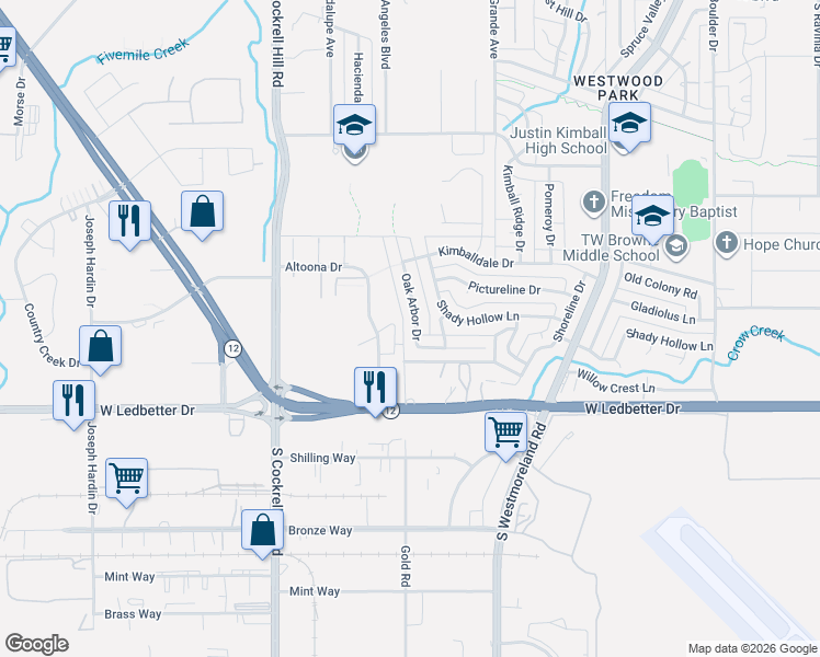 map of restaurants, bars, coffee shops, grocery stores, and more near 4021 Oak Arbor Drive in Dallas