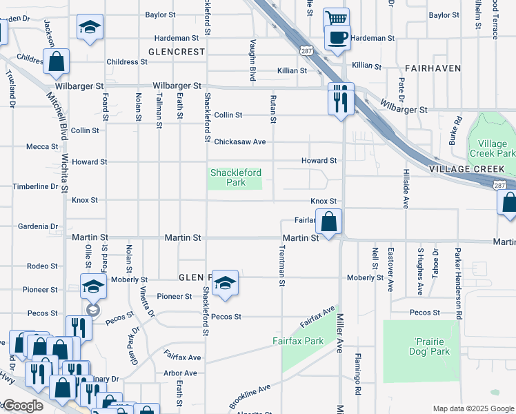 map of restaurants, bars, coffee shops, grocery stores, and more near 3724 Knox Street in Fort Worth