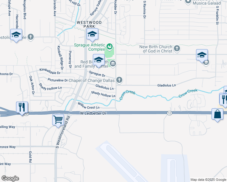 map of restaurants, bars, coffee shops, grocery stores, and more near 3308 Gladiolus Lane in Dallas