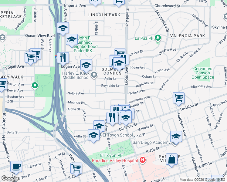 map of restaurants, bars, coffee shops, grocery stores, and more near 5036 Solola Avenue in San Diego