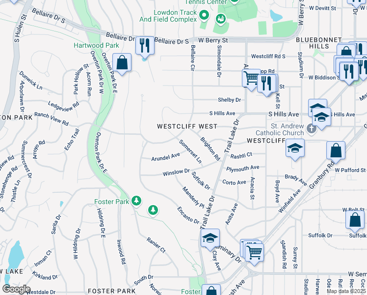 map of restaurants, bars, coffee shops, grocery stores, and more near 3800 Arundel Avenue in Fort Worth