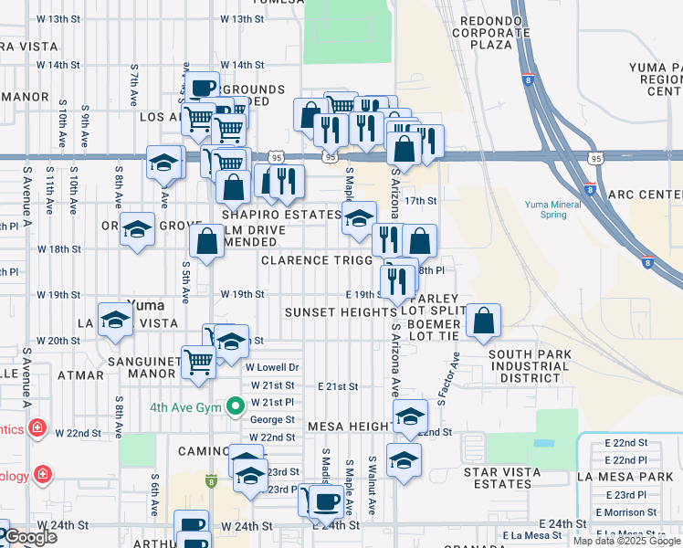map of restaurants, bars, coffee shops, grocery stores, and more near 1843 South Maple Avenue in Yuma