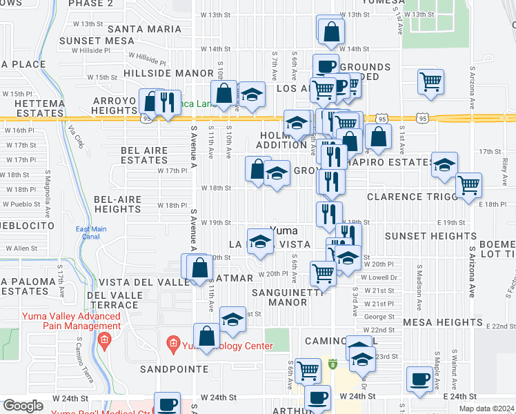 map of restaurants, bars, coffee shops, grocery stores, and more near 1865 South 9th Avenue in Yuma