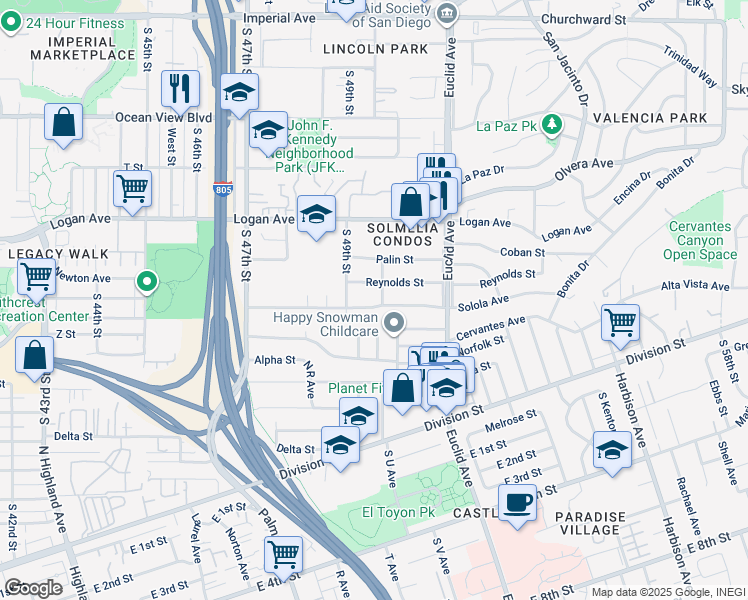 map of restaurants, bars, coffee shops, grocery stores, and more near 4940 Solola Avenue in San Diego