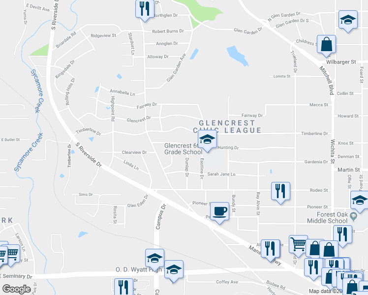 map of restaurants, bars, coffee shops, grocery stores, and more near 2527 Hunting Drive in Fort Worth