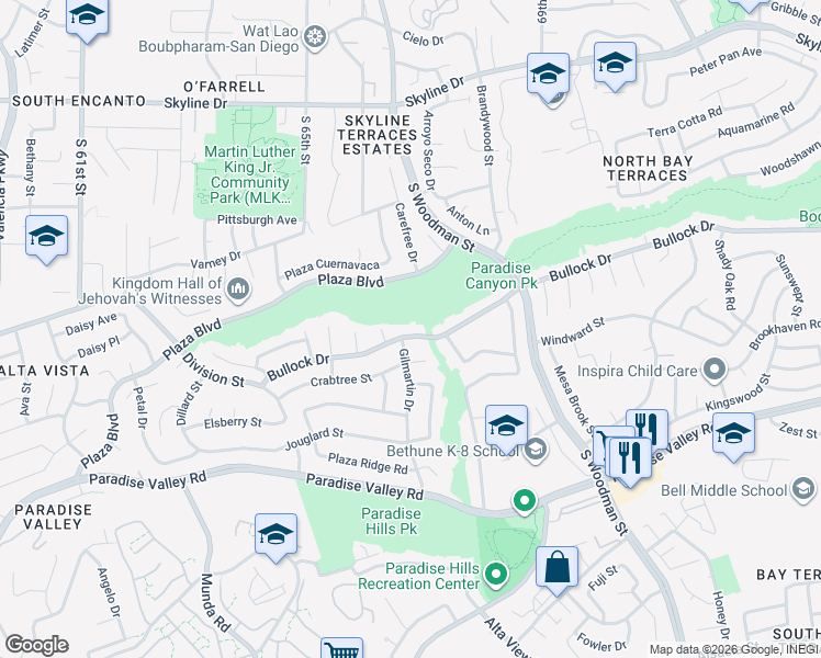 map of restaurants, bars, coffee shops, grocery stores, and more near 6720 Bullock Drive in San Diego