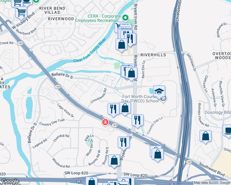 map of restaurants, bars, coffee shops, grocery stores, and more near 5521 Crosscreek Lane in Benbrook