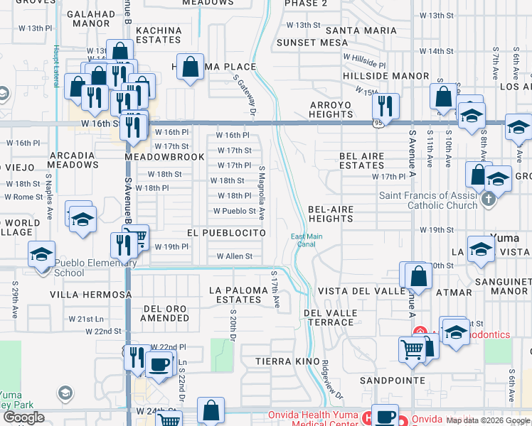 map of restaurants, bars, coffee shops, grocery stores, and more near 1829 South Magnolia Avenue in Yuma