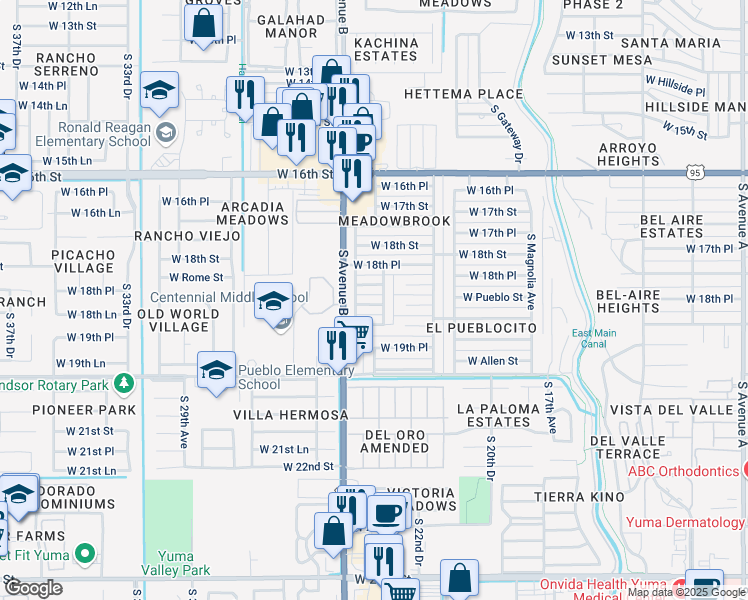 map of restaurants, bars, coffee shops, grocery stores, and more near 2254 West Brook Street in Yuma