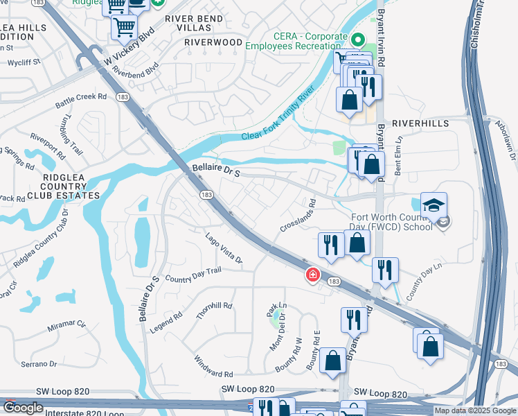 map of restaurants, bars, coffee shops, grocery stores, and more near 3900 Meadow Road in Benbrook