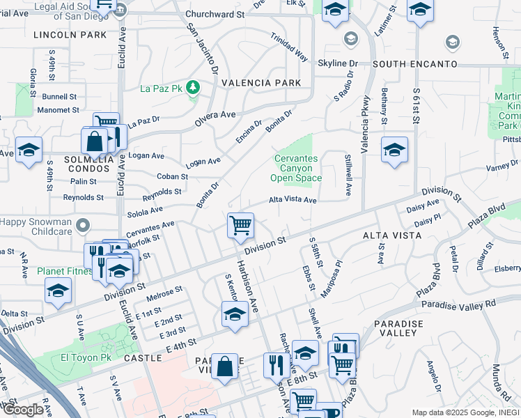 map of restaurants, bars, coffee shops, grocery stores, and more near 5609 Alta Vista Avenue in San Diego