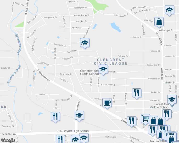 map of restaurants, bars, coffee shops, grocery stores, and more near 2527 Hunting Drive in Fort Worth