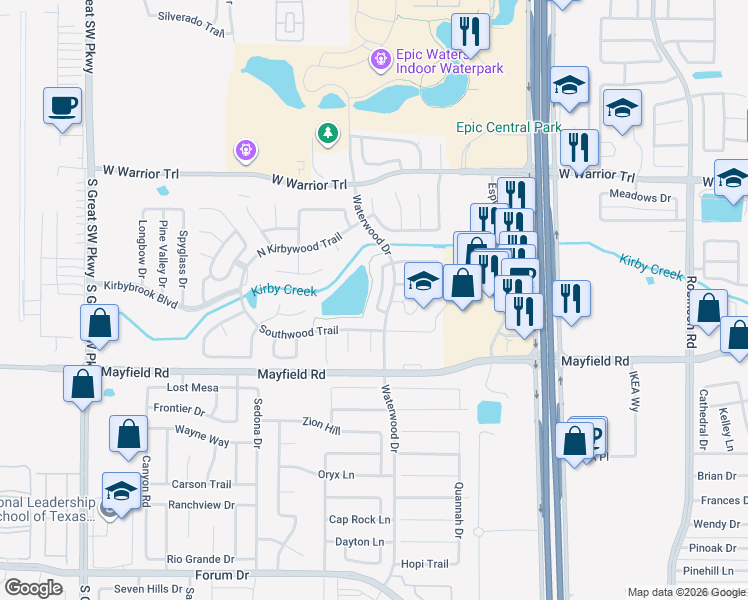 map of restaurants, bars, coffee shops, grocery stores, and more near 3139 Ponds Edge Trail in Grand Prairie