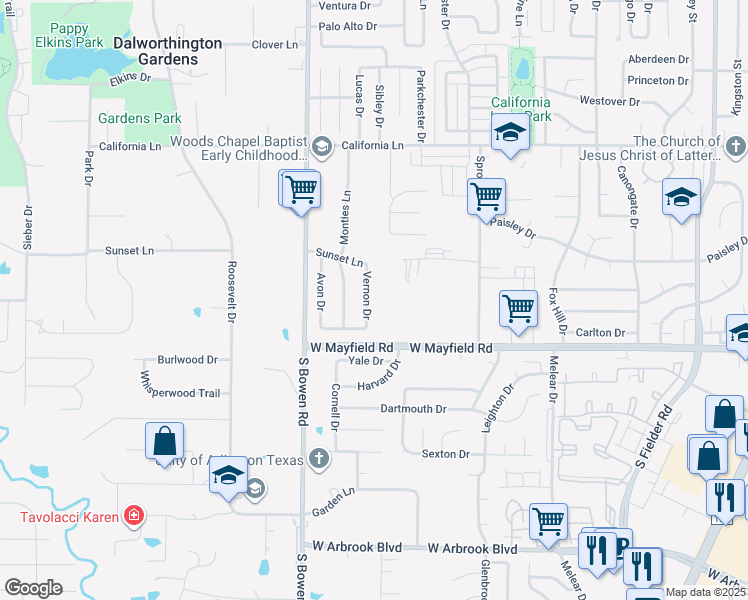 map of restaurants, bars, coffee shops, grocery stores, and more near 3201 Vernon Dr in Arlington