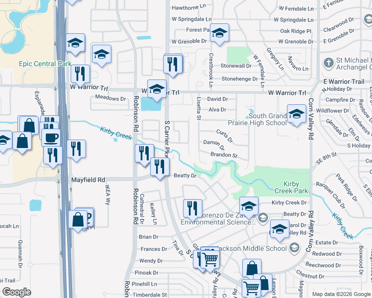 map of restaurants, bars, coffee shops, grocery stores, and more near 3165 Walingford Drive in Grand Prairie