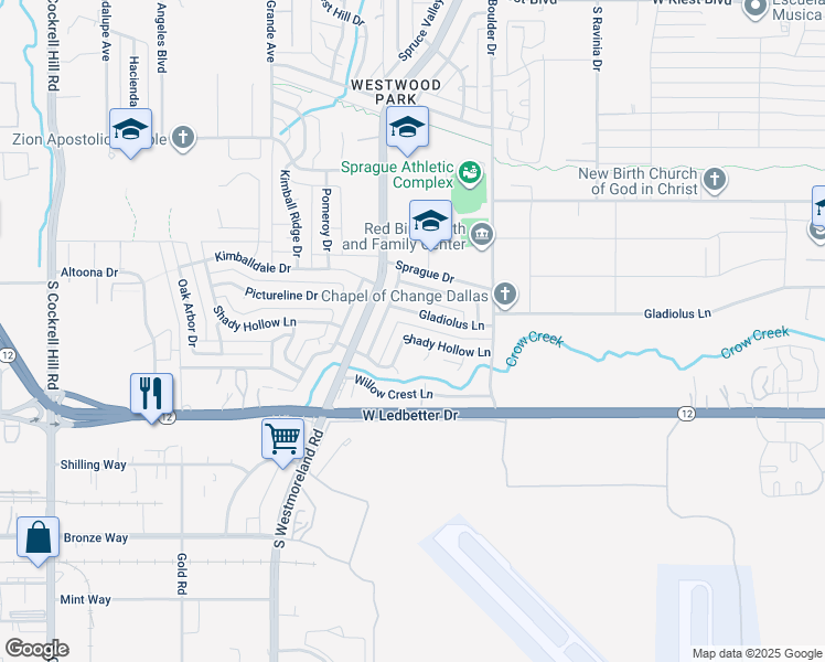 map of restaurants, bars, coffee shops, grocery stores, and more near 3421 Shady Hollow Lane in Dallas