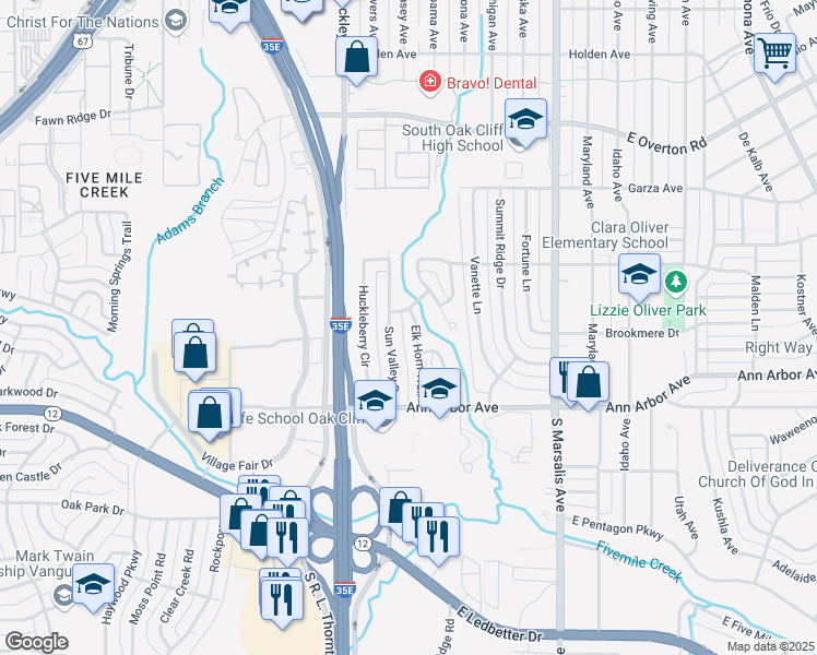 map of restaurants, bars, coffee shops, grocery stores, and more near 4115 Elk Horn Trail in Dallas