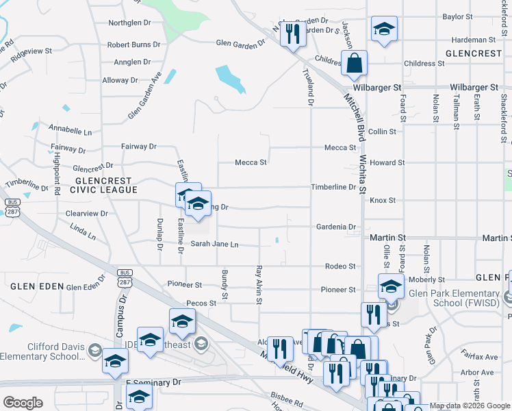 map of restaurants, bars, coffee shops, grocery stores, and more near 2933 Hunting Drive in Fort Worth