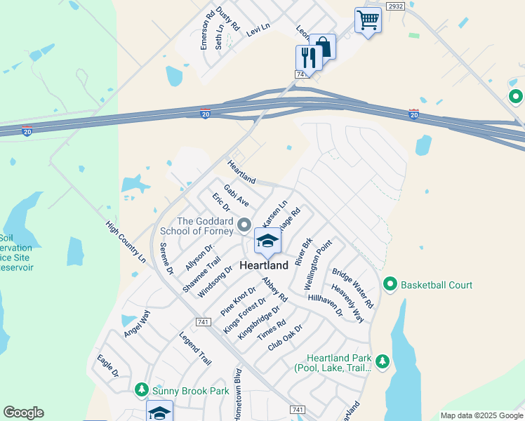 map of restaurants, bars, coffee shops, grocery stores, and more near 2020 Abbey Road in Heartland