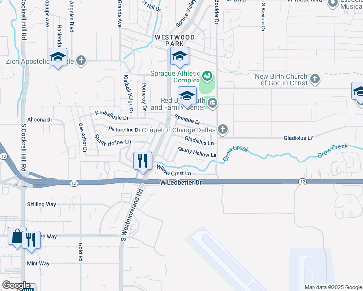 map of restaurants, bars, coffee shops, grocery stores, and more near 3421 Shady Hollow Lane in Dallas